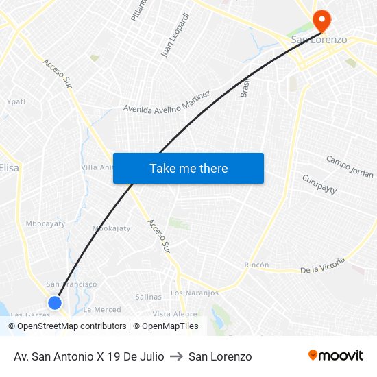 Av. San Antonio X 19 De Julio to San Lorenzo map
