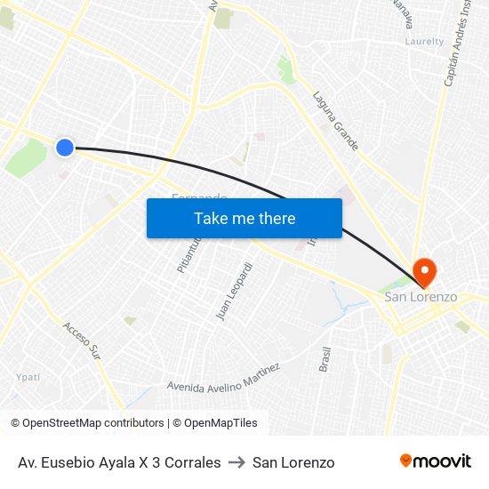 Av. Eusebio Ayala X 3 Corrales to San Lorenzo map