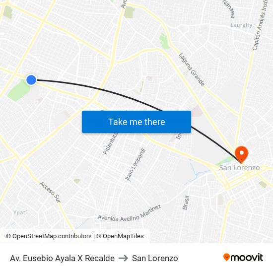 Av. Eusebio Ayala X Recalde to San Lorenzo map