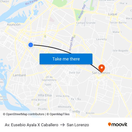 Av. Eusebio Ayala X Caballero to San Lorenzo map