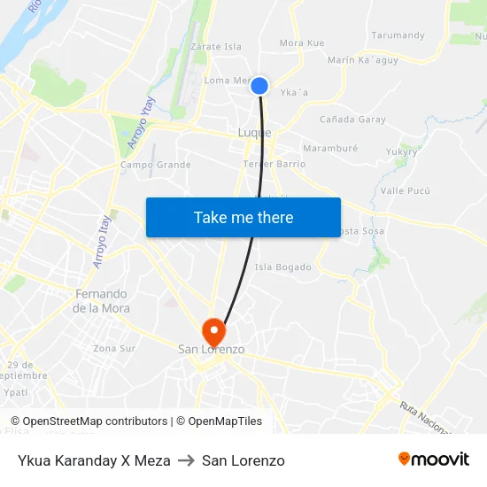 Ykua Karanday X Meza to San Lorenzo map
