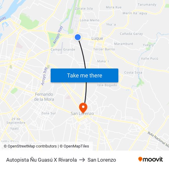 Autopista Ñu Guasú X Rivarola to San Lorenzo map