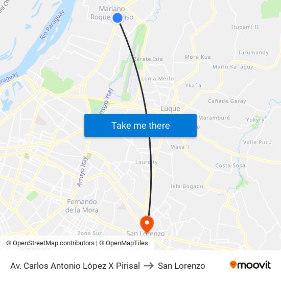 Av. Carlos Antonio López X Pirisal to San Lorenzo map