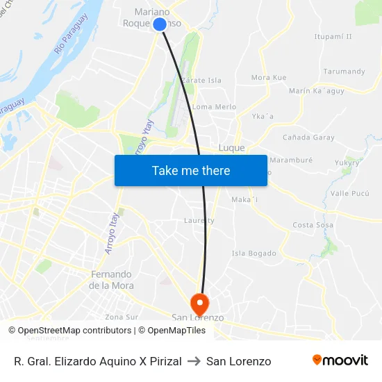 R. Gral. Elizardo Aquino X Pirizal to San Lorenzo map