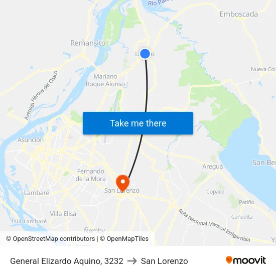 R. Gral. Elizardo Aquino X Monseñor Moreno to San Lorenzo map