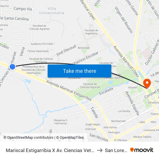 Mariscal Estigarribia X Av. Ciencias Veterinarias to San Lorenzo map