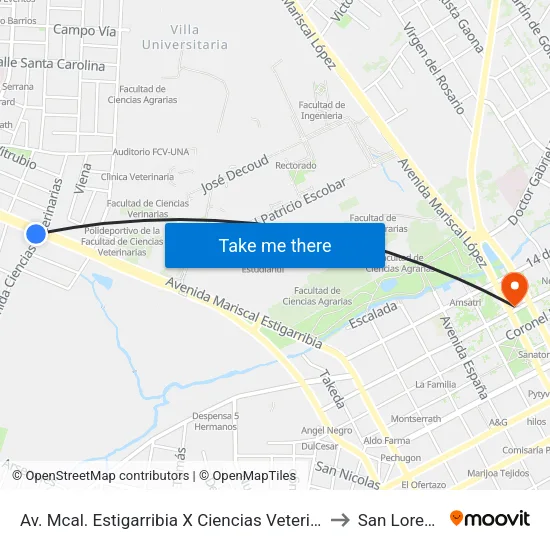 Av. Mcal. Estigarribia X Ciencias Veterinarias to San Lorenzo map