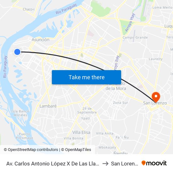 Av. Carlos Antonio López X De Las Llanas to San Lorenzo map