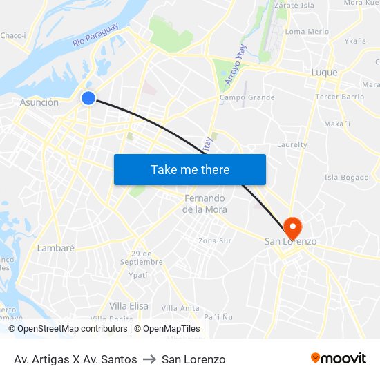 Av. Artigas X Av. Santos to San Lorenzo map