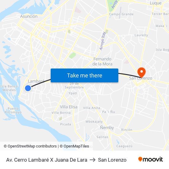 Av. Cerro Lambaré X Juana De Lara to San Lorenzo map