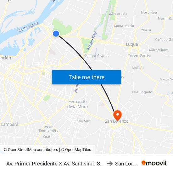 Av. Primer Presidente X Av. Santísimo Sacramento to San Lorenzo map
