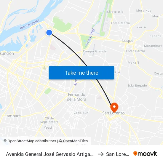 Avenida General José Gervasio Artigas, 3939 to San Lorenzo map