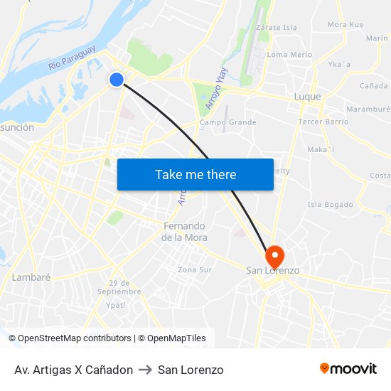 Av. Artigas X Cañadon to San Lorenzo map