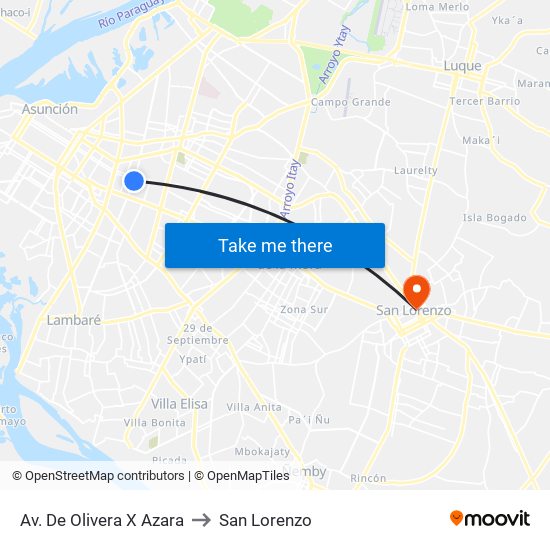 Av. De Olivera X Azara to San Lorenzo map