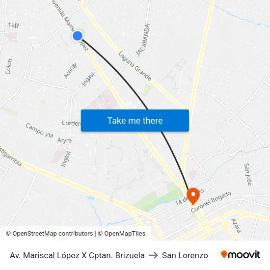 Av. Mariscal López X Cptan. Brizuela to San Lorenzo map