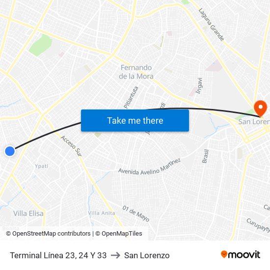 Terminal Línea 23, 24 Y 33 to San Lorenzo map