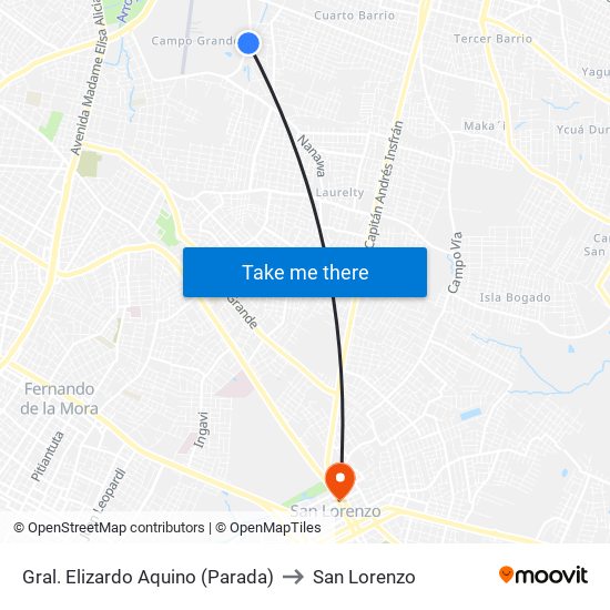 Gral. Elizardo Aquino (Parada) to San Lorenzo map