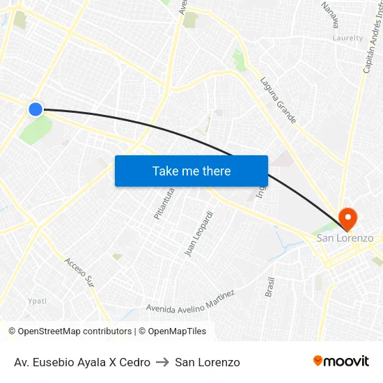 Av. Eusebio Ayala X Cedro to San Lorenzo map