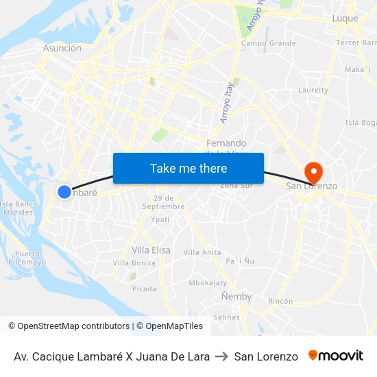 Av. Cacique Lambaré X Juana De Lara to San Lorenzo map