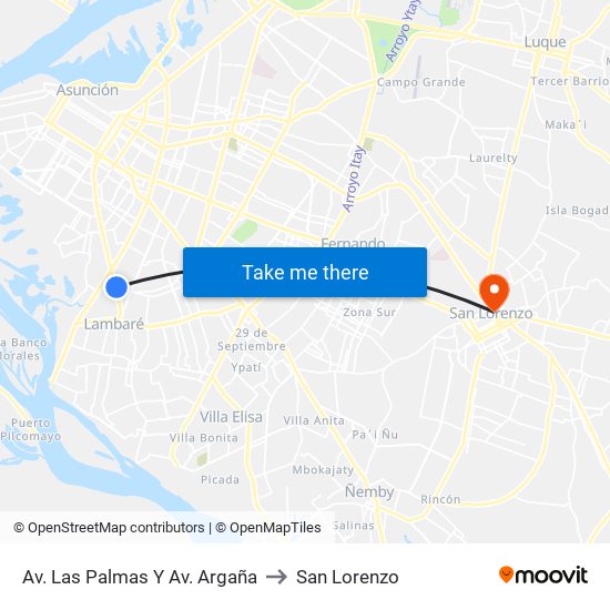 Av. Las Palmas Y Av. Argaña to San Lorenzo map
