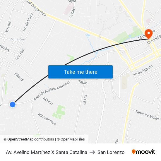 Av. Avelino Martínez X Santa Catalina to San Lorenzo map
