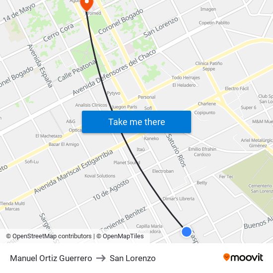 Manuel Ortiz Guerrero to San Lorenzo map