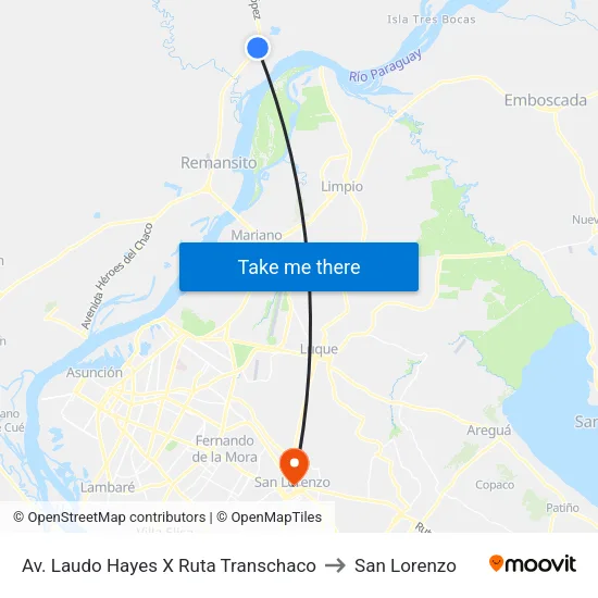 Av. Laudo Hayes X Ruta Transchaco to San Lorenzo map