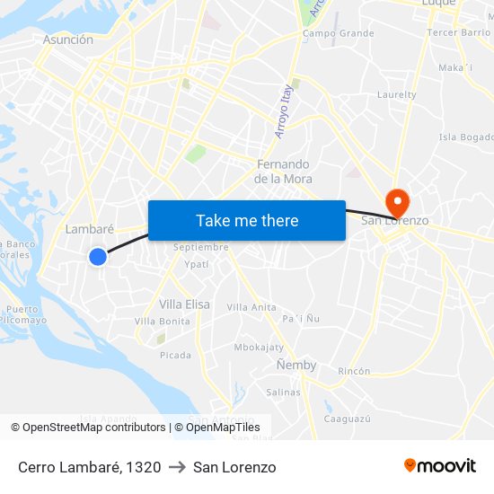 Cerro Lambaré, 1320 to San Lorenzo map