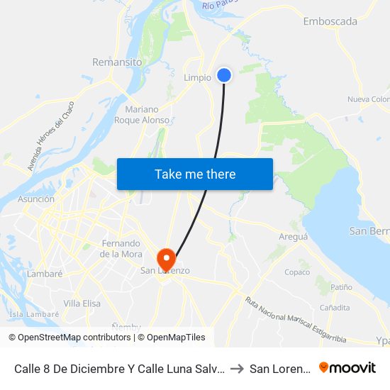 Calle 8 De Diciembre Y Calle Luna Salvaje to San Lorenzo map