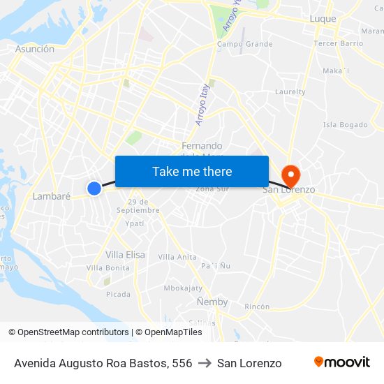 Avenida Augusto Roa Bastos, 556 to San Lorenzo map