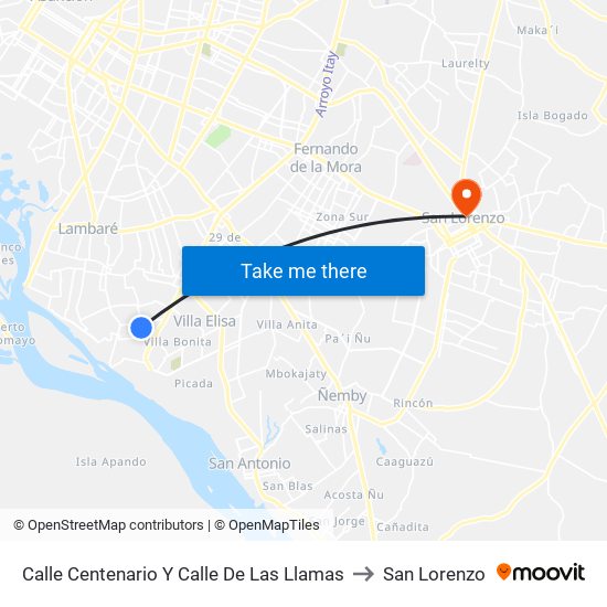 Calle Centenario Y Calle De Las Llamas to San Lorenzo map
