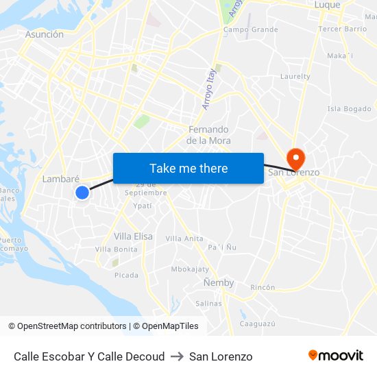 Calle Escobar Y Calle Decoud to San Lorenzo map
