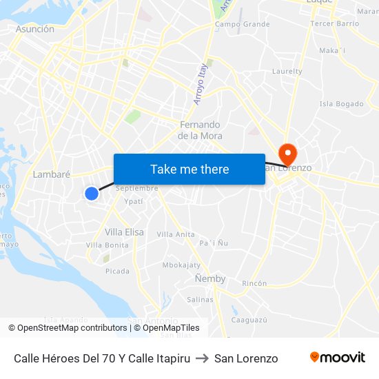 Calle Héroes Del 70 Y Calle Itapiru to San Lorenzo map