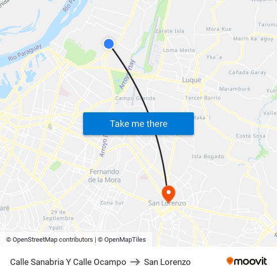 Calle Sanabria Y Calle Ocampo to San Lorenzo map