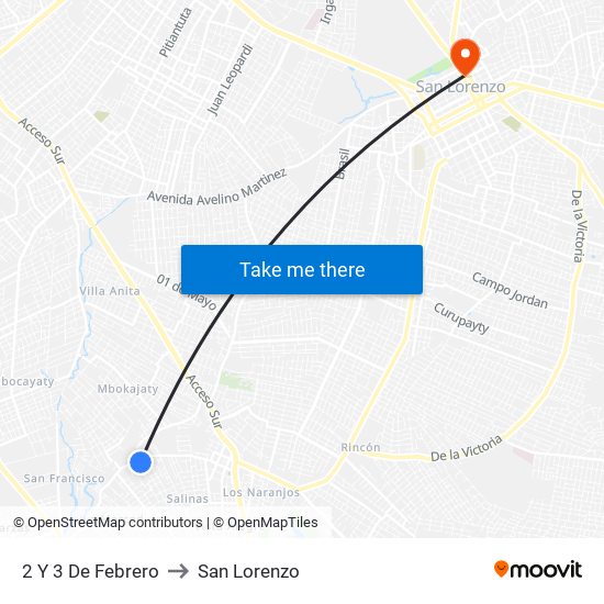 2 Y 3 De Febrero to San Lorenzo map