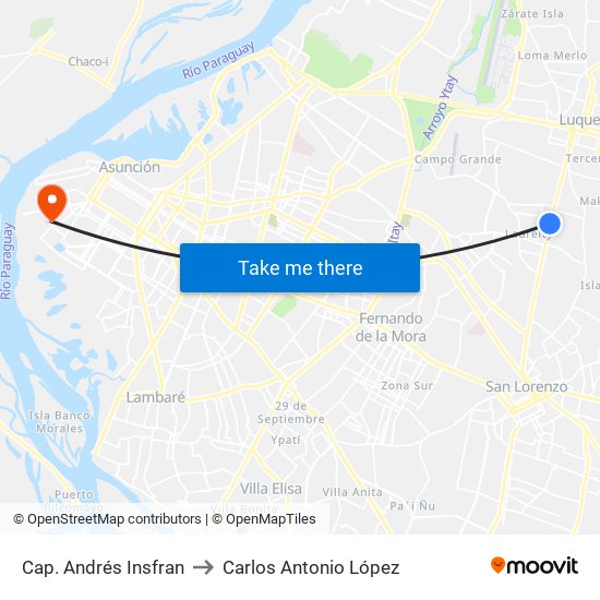 Cap. Andrés Insfran to Carlos Antonio López map