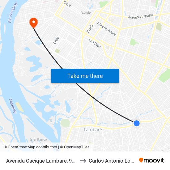 Avenida Cacique Lambare, 9991 to Carlos Antonio López map