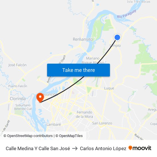 Calle Medina Y Calle San José to Carlos Antonio López map