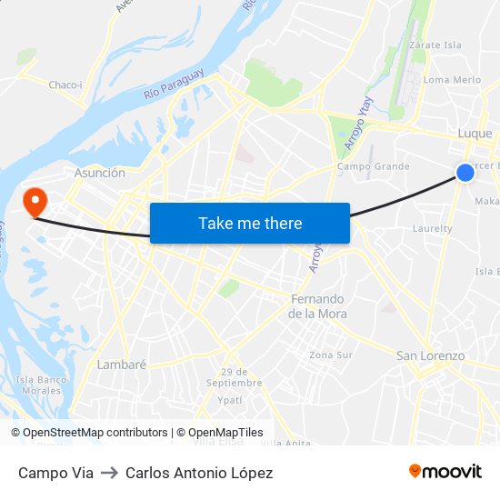 Campo Via to Carlos Antonio López map