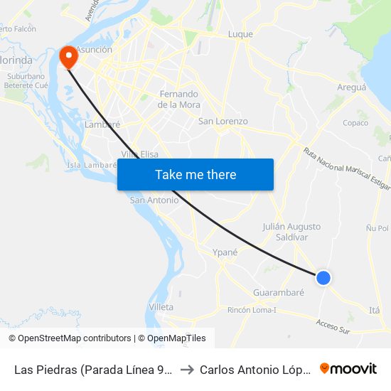 Las Piedras (Parada Línea 96) to Carlos Antonio López map