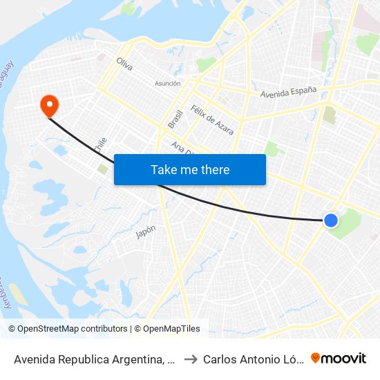 Avenida Republica Argentina, 2371 to Carlos Antonio López map