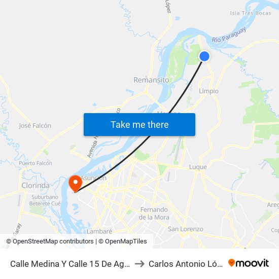 Calle Medina Y Calle 15 De Agosto to Carlos Antonio López map