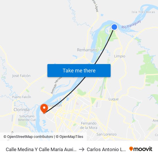 Calle Medina Y Calle María Auxiliadora to Carlos Antonio López map