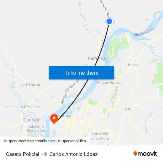 Caseta Policial to Carlos Antonio López map