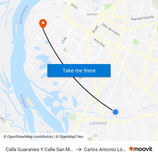 Calle Guaraníes Y Calle San Mateo to Carlos Antonio López map