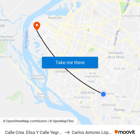 Calle Cnia. Elisa Y Calle Yegros to Carlos Antonio López map