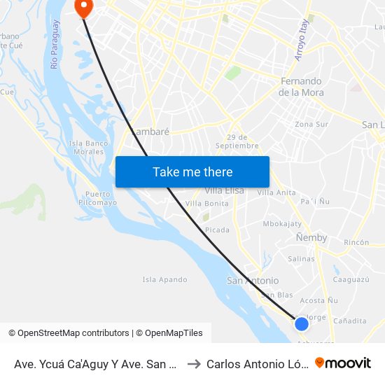 Ave. Ycuá Ca'Aguy Y Ave. San Jorge to Carlos Antonio López map
