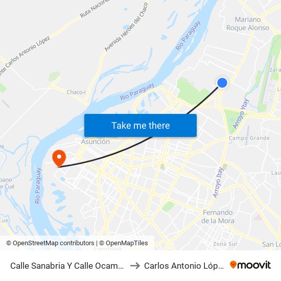 Calle Sanabria Y Calle Ocampo to Carlos Antonio López map