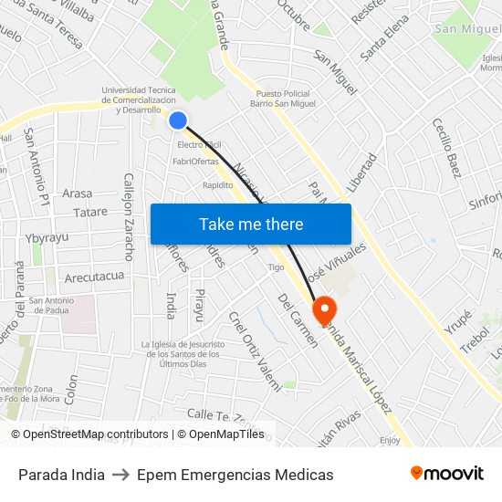 Parada India to Epem Emergencias Medicas map