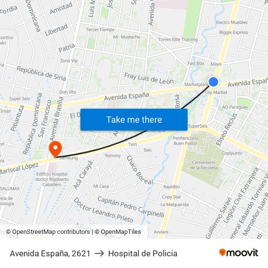 Avenida España, 2621 to Hospital de Policia map